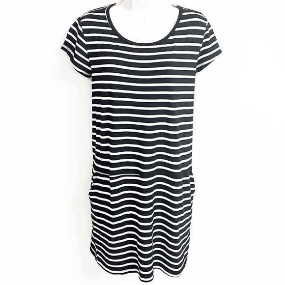 Caslon striped scoop neck cap sleeve casual mini dress pullover pockets - Picture 1 of 9